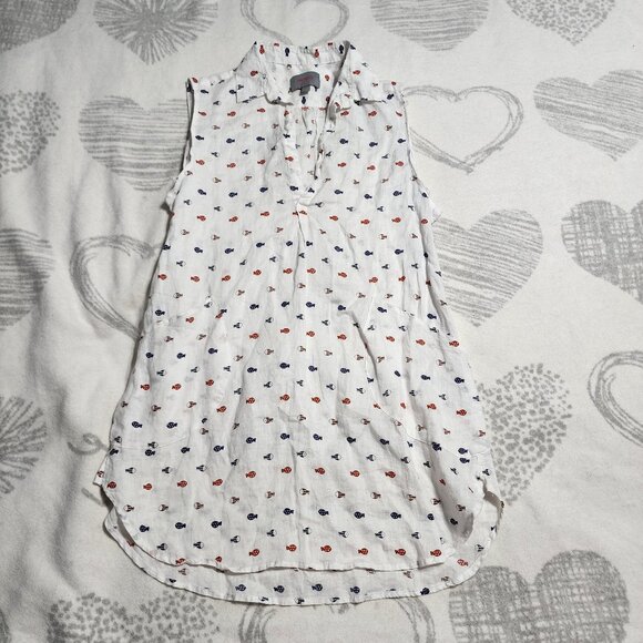For‎ Cynthia Beach Wear Linen Shirt/Dress Swim Cover Up White with Fish - Size M - Picture 1 of 4